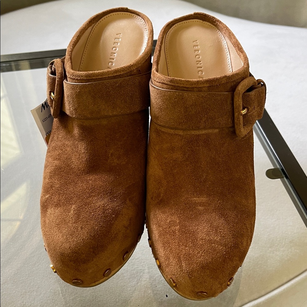 Veronica Beard Tan Suede Clogs with Buckle